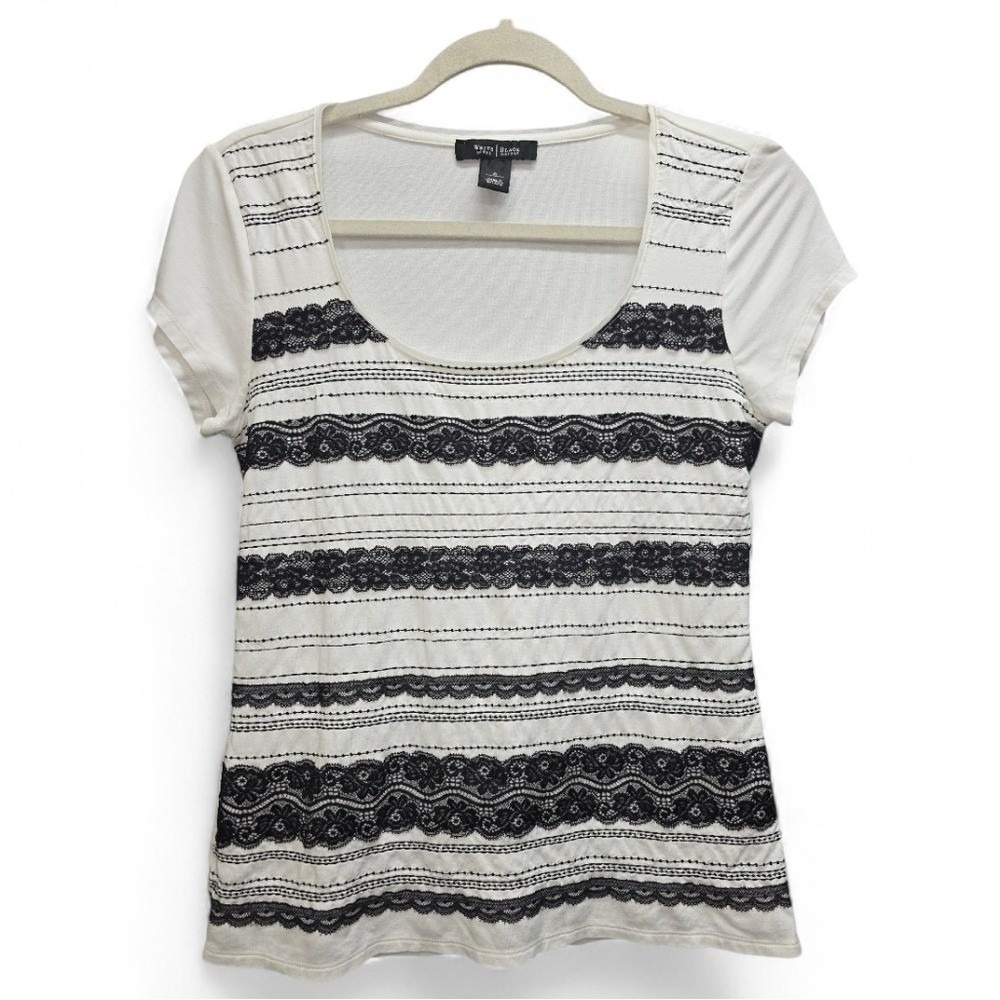 White House Black Market Lace‎ Embroidered Top Size Small Black White Elegant